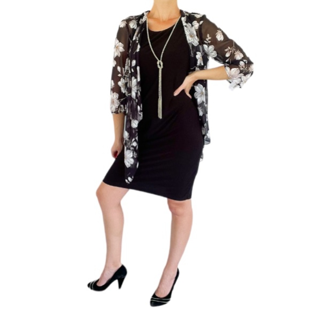 Leslie Fay black floral sleeveless necklace shawl combo shift dress size 4